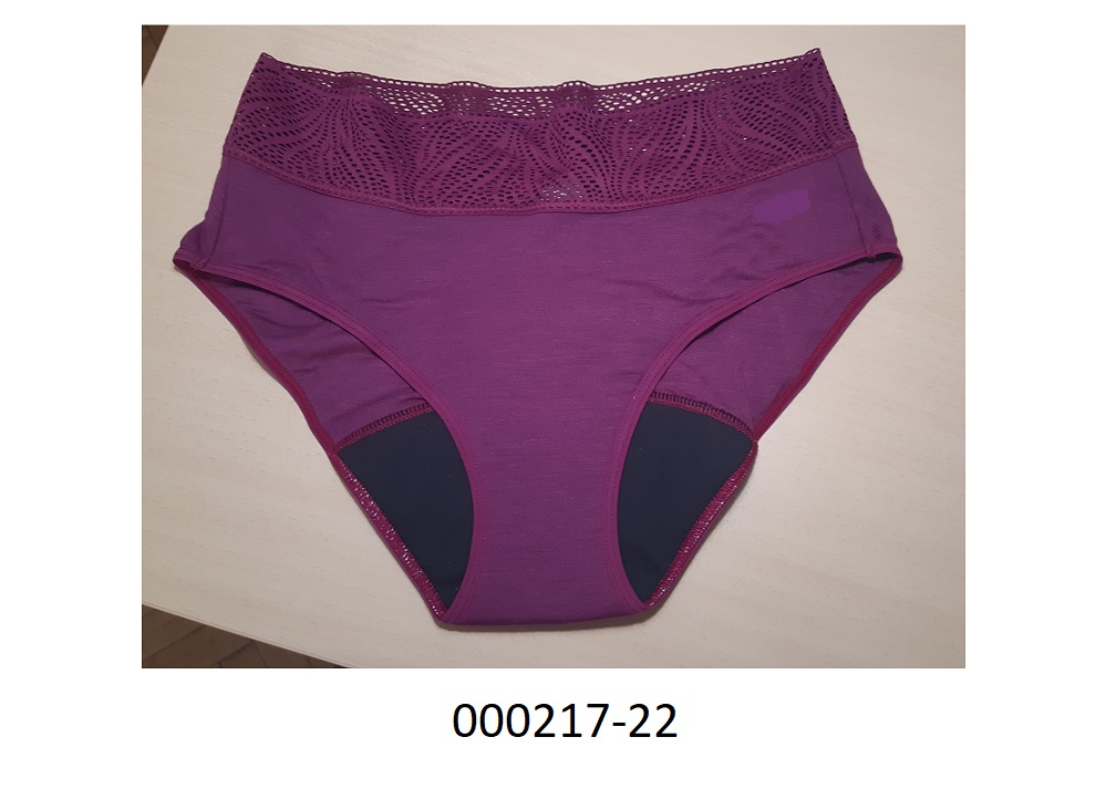 Periodenunterwäsche in Form eines Slips
- gearbeitet aus einem elastischen, körpernah geschnittenen Gewirke (Spinnstoffe) ohne Eingriff
- bestehend aus einer zweilagigen Wirkware aus Cellulosefasern unterschiedlicher Färbung,
- im Schritt vierlagig gearbeitet: innen Polyester, erste Zwischenlage Polyester, zweite Zwischenlage Polyester und körperabgewandt mit einer Polyurethanfolie überzogen,
- zur mehrfachen Verwendung vorgesehen.
(Abbildung siehe Anlage)