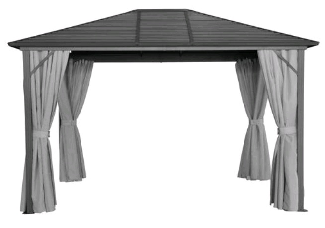Konstruktion aus Aluminium, in Form eines noch nicht zusammengesetzten Gartenpavillons
- mit den Maßen von ca. 365 x 260 x 300 (BxHxT),
- von nahezu rechteckiger Grundfläche,
- bestehend aus einer Rahmenkonstruktion aus unedlen Metallen (Aluminium/Stahl) und Seitenteilen aus einem Netz aus 100% Chemiefasern (Nylon), welche mittels einer Schlaufe zusammengebunden werden können um die Seiten zu „öffnen“,
- das Dach ist aus verzinktem Stahl und die Steher aus Aluminium gearbeitet.
Der Charakter der zusammengesetzten Ware wird durch das Aluminium dargestellt 
(Abbildung siehe Anlage, Materialangaben laut Antragsteller)
