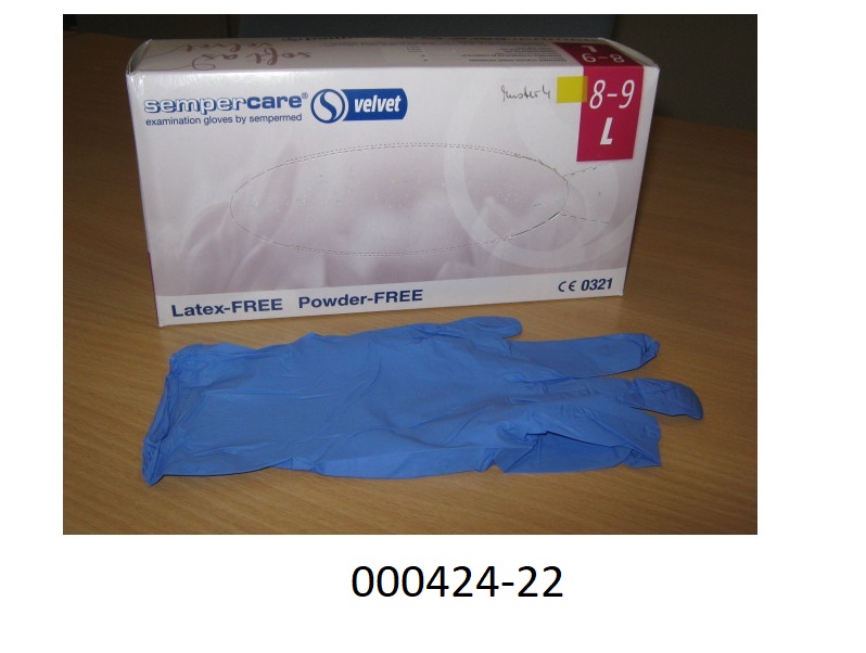 Fingerhandschuhe in Form von Einmal-Schutzhandschuhen
- bestehend aus synthetischem Weichkautschuk (Nitril-Butadien-Kautschuk) mit blauer Farbe, mit einer Stärke von mind. 0,11mm,
- zu 100 bzw. 200 Stück in einer bunt bedruckten Faltschachtel verpackt,
- nicht steril verpackt und puderfrei, 
- die Anforderungen der Normen EN 455-1 (Prüfung auf Dichtigkeit) und EN 455-2 (Prüfung der Reißkraft) erfüllend.
(Materialangaben laut Antragsteller, Abbildung siehe Anlage)
