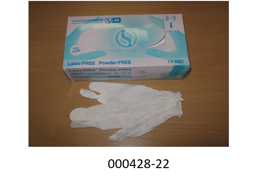 Fingerhandschuhe in Form von Einmal-Schutzhandschuhen
- bestehend aus synthetischem Kautschuk (Nitril-Butadien-Kautschuk),
- zu 100 Stück in einer bedruckten Faltschachtel verpackt,
- nicht steril verpackt und puderfrei, 
- die Anforderungen der Normen EN 455 (Prüfung auf Dichtigkeit), EN 420 und EN 374 erfüllend.
(Angaben laut Produktspezifikation, Abbildung siehe Anlage)