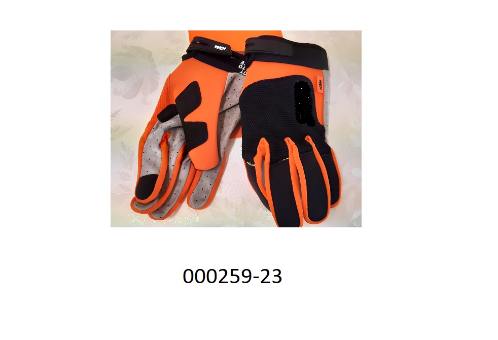 Fingerhandschuh (Motorradhandschuh) 
- bestehend aus einem gerauten, textilen (lederähnlich) Flächenerzeugnis auf der Handinnenfläche bzw. aus einem textilen Flächenerzeugnis am Handrücken und in den Fingerzwischenräumen,
- im Pulsbereich befindet sich ein Klettverschluss zum Verengen,
- verpackt in einem Kunststofffoliensackerl.
Der Fingerhandschuh besteht aus einem Gewirke aus Polyester bzw. Polyamid.
 (Abbildung siehe Anlage)