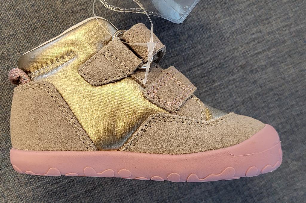 Schuh :
- den Knöchel nicht bedeckend, 
- mit einem geschlossenen Blatt verarbeitet und mittels zweier Klettverschlüsse verschließbar;
- mit einer nicht profilierten Laufsohle aus Kunststoff versehen;
- bestehend aus einem Oberteil aus auf das Futter aufgebrachten folierten Geweben (Folie auf Polyurethanbasis, eine Ware der Position 5903, somit ein Kunststoff) bzw. Lederteilen, wenn man jene Teile, welche Verstärkungs- und Zubehörteile darstellen, außer Acht läßt, überwiegt der Anteil an Kunststoff;
- nicht als Mädchen- oder Knabenschuh erkennbar;
- Länge der Innensohle weniger als 24cm;
- aufgrund der Verarbeitung kein Sportschuh;
- verpackt in einem Faltkarton.
(Abbildung siehe Anlage)