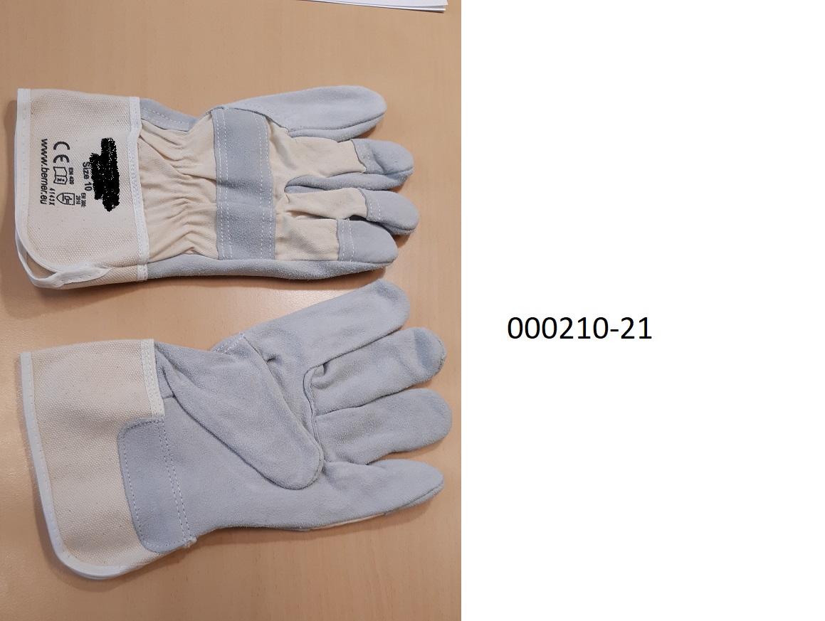 Fingerhandschuh (Arbeits-, Schutzhandschuh)
- bis über das Handgelenk reichend,
- bestehend aus Lederteilen und einem Gewebe auf Cellulosebasis,
- das Leder überwiegt augenscheinlich an der Außenseite,
- mit einer Stulpe zum Schutze des Handgelenkes verarbeitet.
(Abbildung siehe Anlage)