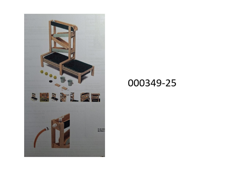 Anderes Spielzeug, in Form einer Wasserbahn,
- bestehend aus einem Gestell aus Tannenholz mit den Maßen von 95,5 x 34,8 x 84,6cm,
- mit 4 Bahnen (Rutschen) und 2 Auffangbehältern aus Kunststoff verarbeitet,
- mit 4 Bällen, 2 Bechern aus Kunststoff, 4 Hindernissen aus Holz, einem Schlauchanschluss und einer Kappe ausgestattet.
Die Zusammenstellung dient der spielerischen Unterhaltung von Kindern, vorwiegend im Freien, die Bahnen und Behältnisse aus Kunststoff können mit Wasser (oder Sand) befüllt werden und dabei auf verstellbare Hindernisse stoßen bzw. durch Öffnungen geführt werden.
(Angaben laut Antragsteller, Abbildung siehe Anlage)
