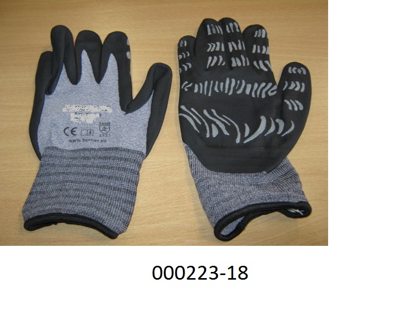 Fingerhandschuh (Arbeits-/Schutzhandschuh)
- bis ?ber das Handgelenk reichend,
- bestehend aus einem feinmaschigen Gewirke aus Polyamid mit eingearbeiteten Elastomergarnen aus Kautschuk (im Handgelenksbereich umsponnen mit schwarzen Polyesterfilamenten) bzw. aus Polyetherurethan,
- im Bereiche der Handinnenfl?chen, sowie Teilen der Finger mit schwarzpigmentiertem Nitrilkautschuk ?berzogen, auf diesem sind musterartig Nitrilkautschuk-?Streifen? aufgetragen,
- durch Zusammenn?hen konfektioniert,
- verpackt in einem Beutel aus Kunststoff.
 (Abbildung siehe Anlage)