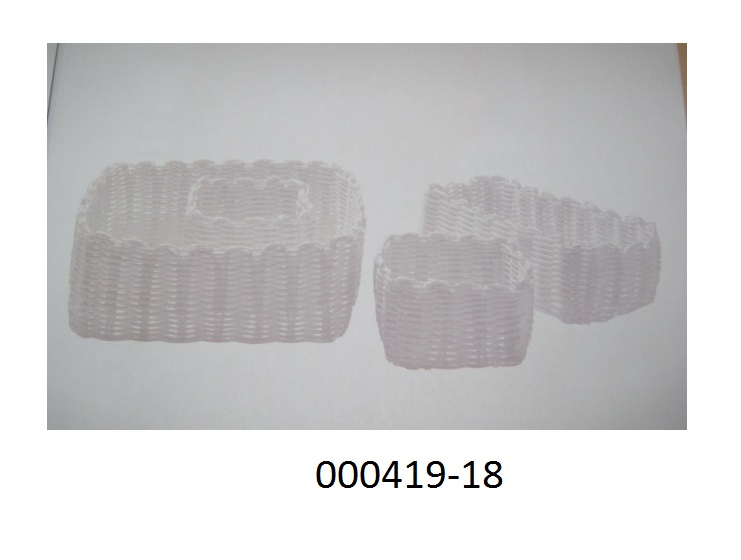 Korbmacherware in Form eines Korbsets, 
- bestehend aus 4 Körben: 2 kleine Körben (LxBxH, 11x11x7cm), 1 mittlerem Korb (21x11x7cm) und einem großen Korb (23x23x9cm)
- unmittelbar hergestellt aus einem Polypropylen-Geflecht,
 (Abbildung siehe Anlage, Angaben laut Antragsteller)