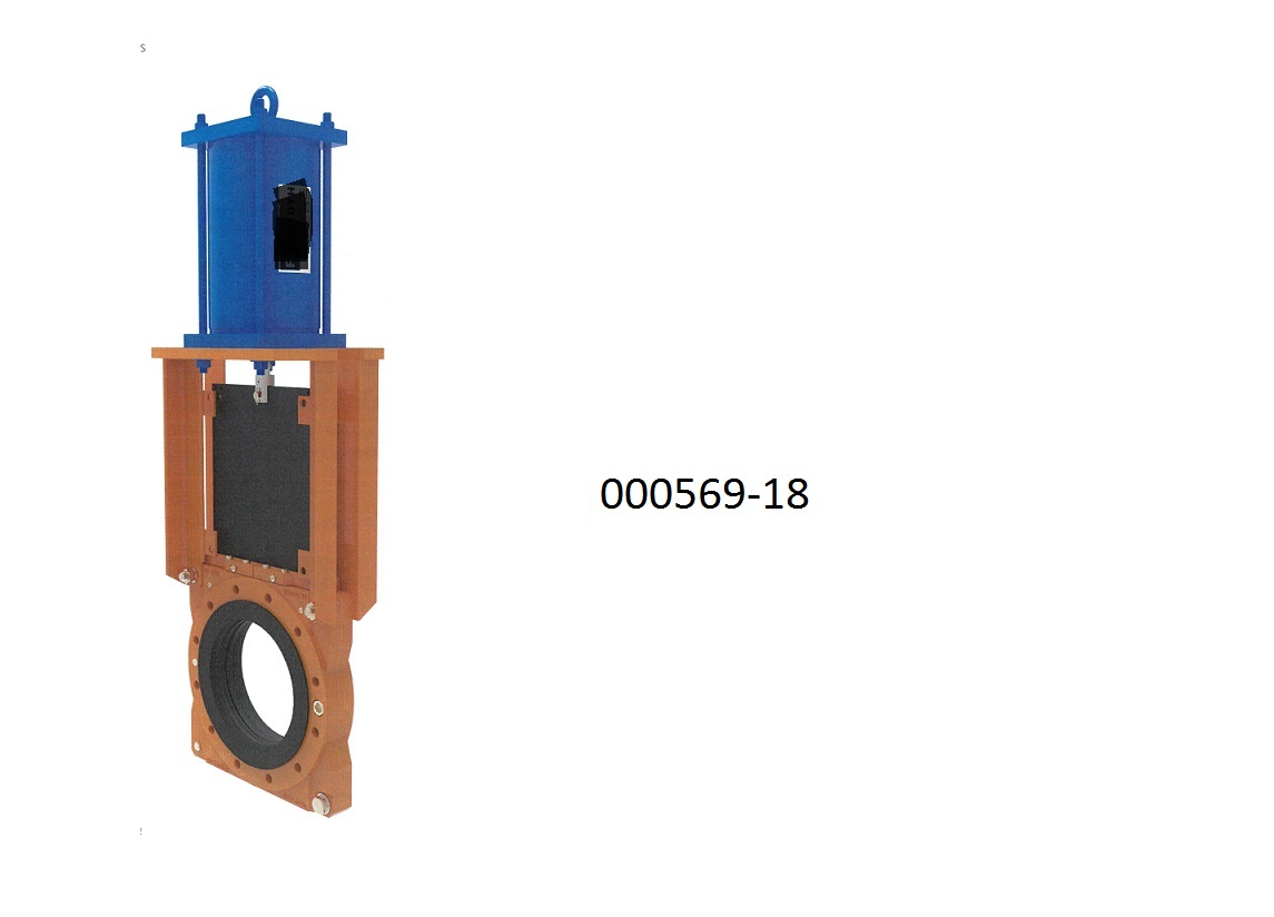 Schieberventil
- aus einem Ventilkörper aus Stahl mit Anschlussflansch, quer zur  Medien-Strömungsrichtung verschiebbarem Absperrteller (Ventilplatte) mit einem pneumatischen Stellglied (Pneumatik-
  zylinder),
- zum Blockieren von Trübefluss in einer Rohrleitung.
(Angaben laut Antragsteller)
(Abbildung siehe Anhang)