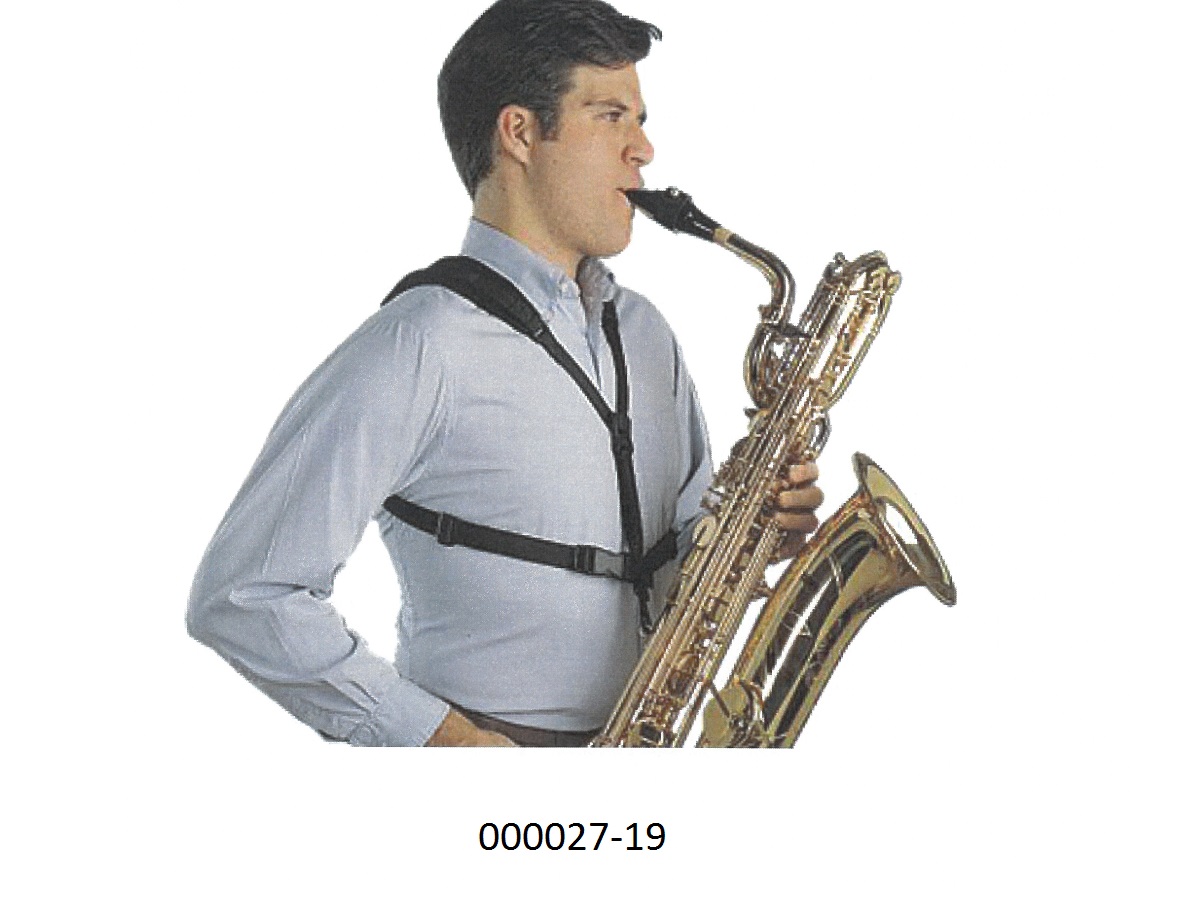 Zubehör für ein Musikinstrument (Alt- und Tenor-Saxophon), in Form eines Schultergurtes
- bestehend aus zwei ca. 25cm langen, an den Enden spitz zulaufenden, ca. 6cm breiten und ca. 6mm dicken Streifen aus geschäumtem Kunststoff  (PUR Schaum, beidseitig mit einer Wirkware aus texturierten Multifilamentgarnen auf Polyamidbasis überzogen) mit nicht abgeendelten Kanten, welche mittels eines Gurtesystems aus gewebten Bändern (Multifilamentgarne auf Polyolefinbasis), mit einer Breite von ca. 2,5cm, miteinander verbunden sind.
Der Gurt wird um die Schultern gelegt um das Spielen des Instrumentes, welches mittels eines Karabinerhakens aus Kunststoff am Gurt fixiert ist, zu ermöglichen.
Es handelt sich um eine Vorrichtung, welche das Instrument für das Musizieren geeignet macht, seine Verwendungsmöglichkeiten erweitert, bzw. es in die Lage versetzt, eine im Zusammenhang mit seiner Hauptfunktion stehende Tätigkeit auszuführen.
(Abbildung siehe Anlage)