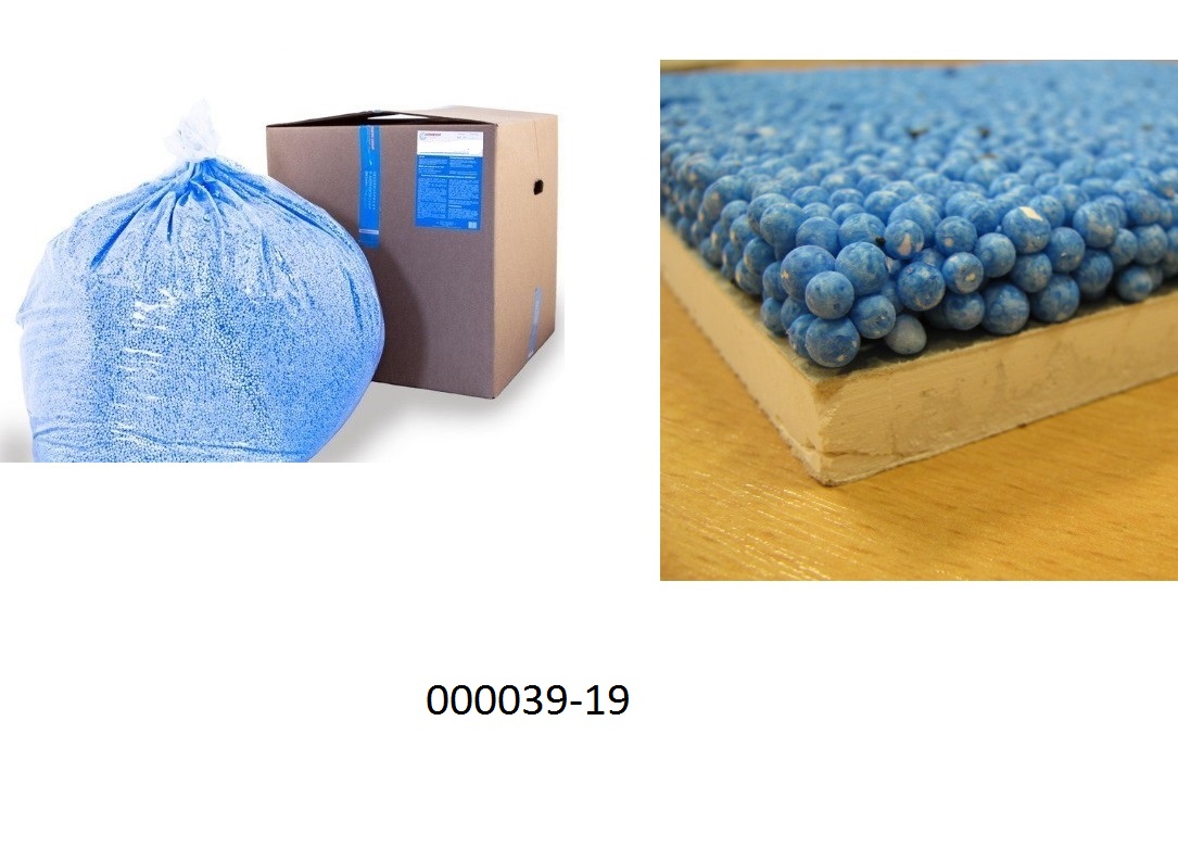 Zusammengesetzte Ware in Form eines annÃ¤hernd kugelfÃ¶rmigen, blauen, gesprenkelten, elastischen Granulats mit niederer Dichte, welches von wenigen schwarzen, elastischen Teilchen durchsetzt ist, im Wesentlichen bestehend aus geschÃ¤umten Polystyrol (zellfÃ¶rmig), welches oberflÃ¤chlich mit einer sehr dÃ¼nnen Schicht aus einem Klebstoff auf Acrylbasis Ã¼berzogen ist; keine Ware der Position HS 3214; lt. Antragsteller dient das Produkt zur Schallisolation.