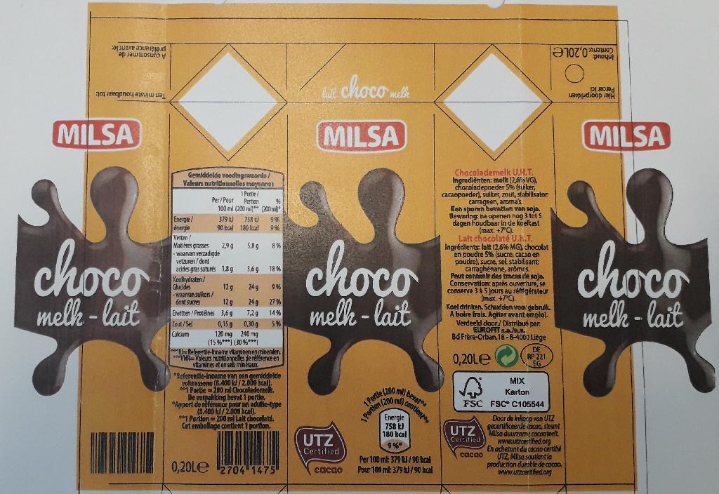 Boisson lactée aromatisée,
constituée de lait, d’arômes du chocolat, de sucre, de sel et d’additifs alimentaires.
Le produit est conditionné en brique de 20 cl par nombre de 6.