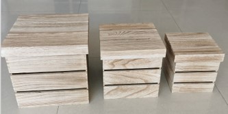 Een set van drie houten opbergdozen (kistjes), rechthoekig van vorm, met deksels, voor het opbergen van allerlei zaken. De deksels zijn niet voorzien van scharnieren, maar schuiven eenvoudig over de zijwanden.

De kistjes zijn zorgvuldig afgewerkt, de wanden en de deksels zijn vervaardigd van planken (Paulownia spp.) en de bodems zijn van triplex. In de beide minst brede zijwanden is bovenaan een uitsparing voorzien, die dienstdoet als handvat. Binnenin zijn er geen onderverdelingen noch enige bekleding.

Afmetingen: 30 cm X 19 cm X 15,5 cm - 36 cm X 25 cm X 19,5 cm - 42 cm X 31 cm X 23,5 cm.