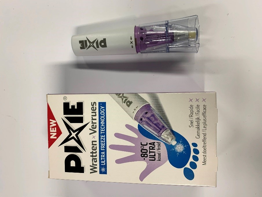 Een pen ter behandeling van wratten. Het product zit verpakt in een kartonnen doosje van 80x45x150 mm (kleinhandelsverpakking) en wordt verkocht voor thuisgebruik.

Het product is samengesteld uit een aantal spuitgietonderdelen in kunststof en een distikstofoxide-patroon. De wrattenpen heeft een lengte van 13 cm.

Met de applicatorpen kan men zelf distikstofoxide (N2O) aanbrengen op de wratten, zodat deze kunnen bevroren worden tot een temperatuur van - 80 °C.