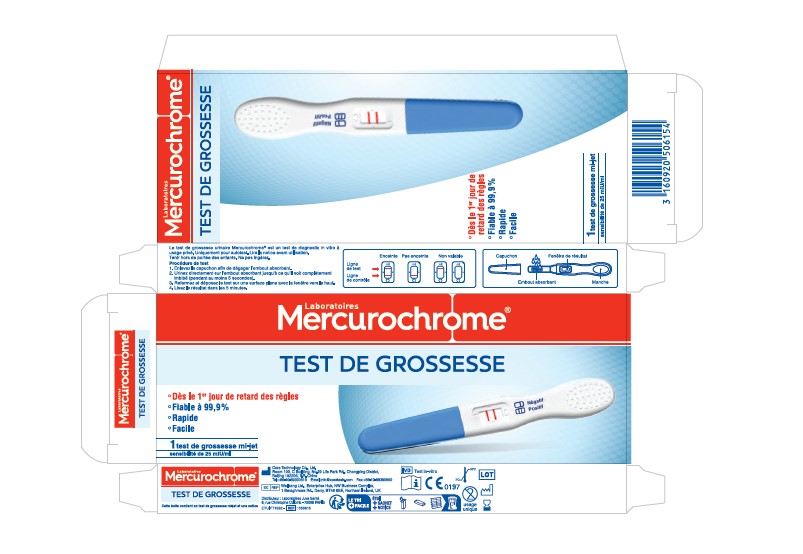 Test de grossesse consistant en un dispositif de détection qualitative de l'hormone gonadotrophine chorionique (hCG) dans l’urine. Ce test utilise une combinaison d'anticorps, y compris un anticorps monoclonal de la hCG, pour détecter de manière sélective des niveaux élevés d'hCG. Il est conditionné individuellement dans une boîte cartonnée pour la vente au détail.
Le produit est utilisé comme test de grossesse à usage unique.