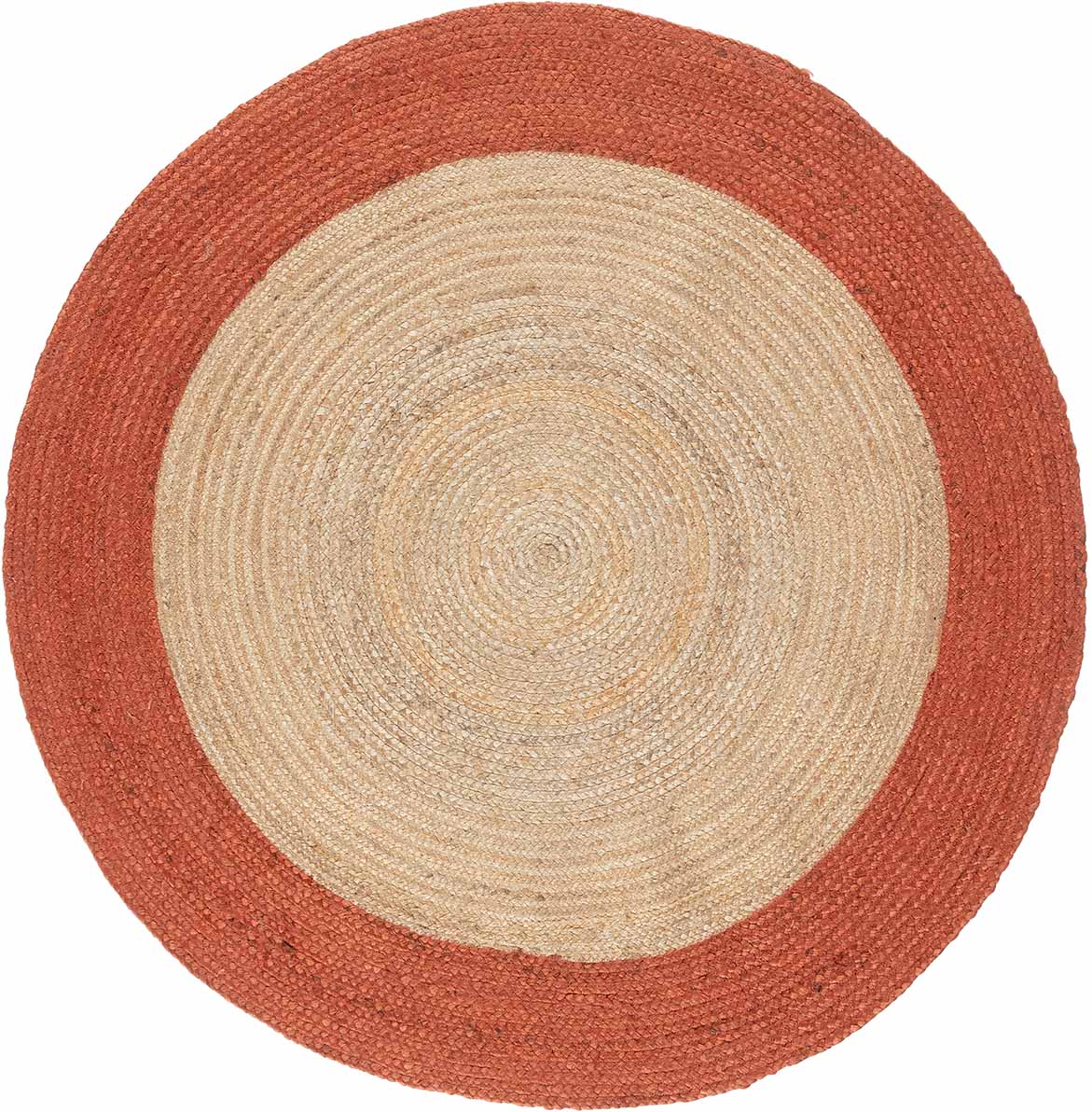 Een rond handgemaakt tapijt zonder pool gemaakt uit een gevlochten streng niet-gesponnen jutevezels die in een spiraalvorm is gelegd en worden door textielgarens (zigzagsteek) bij elkaar gehouden. 

Dit tapijt is gemaakt met de Hand Braider Rug techniek.