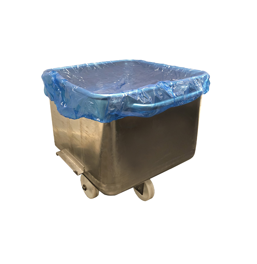 Een blauwe hoes met elastiek, uit kunststof. Volgens opgave is dit een hoes voor kratten en dient deze om een open krat of container te bedekken/sluiten. 

De hoes is samengesteld uit LDPE.