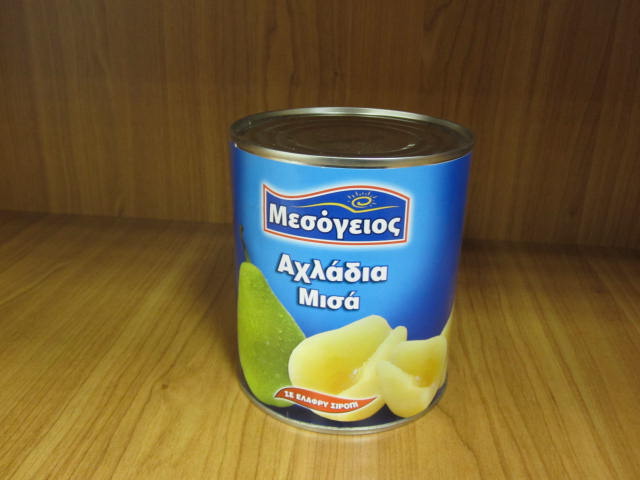 Αχλάδια μισά διατηρημένα σε ελαφρύ σιρόπι, εγκυτιωμένα.
Συστατικά: αχλάδια, νερό, ζάχαρη, σιρόπι γλυκόζης-φρουκτόζης, κιτρικό οξύ
Καθαρό βάρος: 820gr