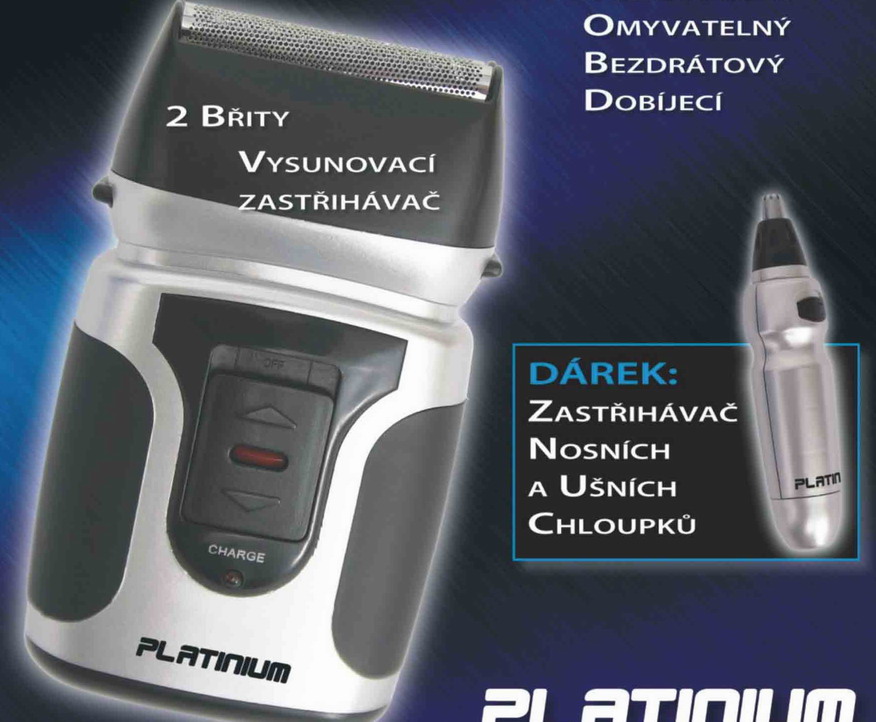 Souprava holicího strojku a strojku pro zastřihávání nosních a ušních chloupků. Bezdrátový, přenosný, vodě odolný holicí strojek pro domácnost, s výsuvným zastřihávačem vousů, knírku nebo vlasů. Strojek, sestávající z tělesa s elektromotorkem, ochranného krytu a holicího břitu s ochrannou fólií, je vybaven spínačem ON/OFF, zámkem a kontrolkou nabití. Pohon je zajištěn baterií, kterou lze dobít adaptérem. Zastřihávač chloupků válcovitého tvaru je napájen dobíjecí alkalickou baterií.
Souprava je dodávána v jednom společném balení.
Technické údaje: adaptér - jmenovité napětí 220-230 V
                           jmenovitá frekvence 50 Hz
                           jmenovitý výkon 3W
                           výstupní napětí 3 V
                           výstupní proud 300 mA
          holicí strojek - vstupní napětí 3,5 V
             zastřihávač - 1 ks 1,5 V baterie typu AA
