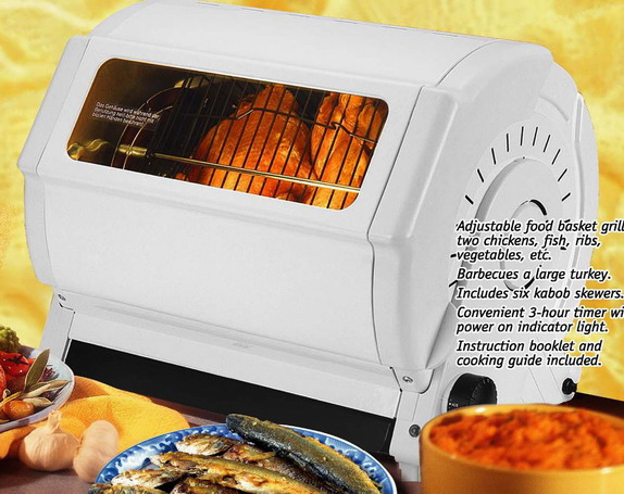 Horizontální elektrický gril pro domácnost. 
Jednotlivé části grilu: 
- těleso grilu s odnimatelnými posuvnými dveřmi s bezpečnostním držákem
- topná tělesa
- levý a pravý držák tyče
- tepelný reflektor
- odkapávací miska
- časovač
- světelný indikátor zapnutí

Jako příslušenství jsou v jednom balení dodávány: pomocná sada (levé a pravé ozubené kolo), koš na potraviny, šest kusů vidlic a vyjímatelná rukojeť.

Technické parametry: napětí 230 V
                     frekvence 50 Hz
                     příkon 1200 W
