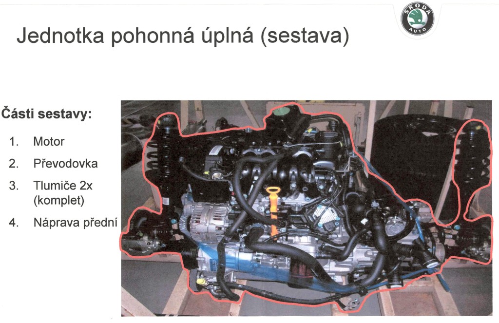 Úplná pohonná jednotka osobního automobilu sestává z:
1) motoru s vratným zážehovým spalovacím pístovým motorem s vnitřním spalováním o objemu 1200 ccm a výkonu 40 kW
2) kompletní přední nápravy
3) úplných tlumičů pérování
4) kompletní převodovky


Dle údajů žadatele je zboží určeno pro průmyslovou montáž pro výrobu osobních automobilů.