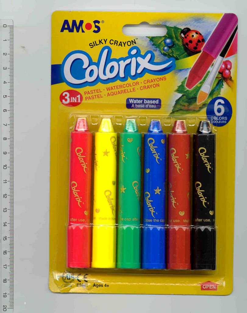 Popis dodaného vzorku a deklarované údaje: Barevné, vodou rozpustné barvy tzv. tři v jednom: pastel – akvarel – pastelka (6 odstínů - červená, žlutá, zelená, modrá, hnědá a černá) s barevným olejovým pastelem ve šroubovacím plastovém pouzdře. 
Účel použití: Na papír nebo plátno.
Balení: 6 kusů pastelů v plastovém blistru, na papírové kartě, s otvorem pro zavěšení v obchodě; 12 kusů ve vnitřním kartónu, 72 kusů ve vnějším kartónu.