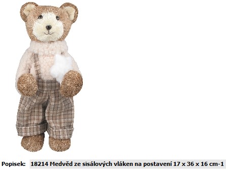 Dle deklarovaných údajů se jedná o dekoraci do interiéru ve tvaru medvěda. 

Tělo medvěda je vyrobeno z plastu, jenž dává výrobku podstatný charakter a je doplněno o části z bavlny a sisalu.
Výrobek není určen ke hraní.
Materiál:  50 % polystyren, 30 % bavlna, 20 % sisal.
Rozměr: 17 x 36 x 16 cm.