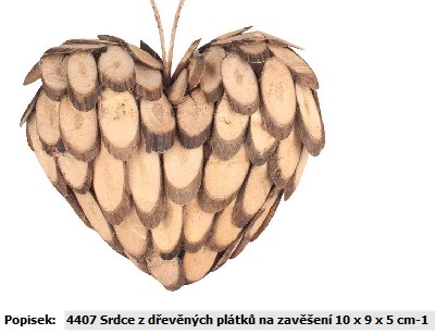 Dle deklarovaných údajů se jedná o dekoraci do interiéru ve tvaru srdce.
Dekorace je zhotovena kombinací materiálů, přičemž nelze s požadovanou jistotou určit materiál, který dává výrobku podstatný charakter.
Materiál: 50 % dřevotříska, 50 % polystyren.
Rozměr: 10 x 9 x 5 cm.