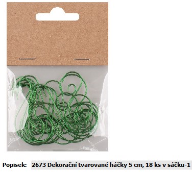 Dle deklarovaných údajů se jedná o dekorační háček, který slouží k zavěšení vánočních ozdob na strom.

Materiál: železo.

Rozměr: 5 cm.

Baleno v sáčku po 18-ti kusech.