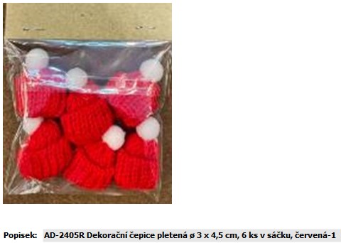 Dle deklarovaných údajů se jedná o pletené čepice, určené k  dekorativním a kreativním účelům.

Materiál: 100% polyester.

Rozměr: 3,5 x 4 cm.

Baleno v sáčku po 6-ti kusech.