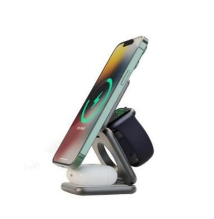 Dle deklarovaných údajů a předložené fotodokumentace se jedná o skládací bezdrátový magnetický nabíjecí stojánek, kompatibilní s technologií MagSafe.

Technické parametry:
rozměry: 68 x 68x 23,3;
hmotnost: 195 g;
barva: šedá;
materiál: slitina hliníku + silikon;
magnety: 8 x N52;
bezdrátový výstup: 3 W/5 W/7.5 W/10 W/15 W (22 W Max);
vstup: DC 5 V/3 A, 9 V/2.22 A, 12 V/3 A.