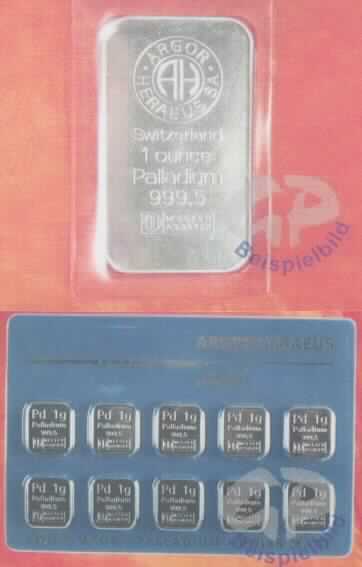 Es handelt sich um im Wesentlichen durch Gießen und Prägen gefertigte, massive, in etwa quaderförmige Erzeugnisse (sog. Barren) mit abgerundeten Ecken und Kanten aus Palladium (999,5/1000) mit unterschiedlichen handelsüblichen Gewichten. Auf der Vorderseite sind das jeweilige Gewicht, die Feinheit und eine Herstellerangabe  eingeprägt. Die Erzeugnisse können auch mit bildhaften Darstellungen und einer Seriennummer versehen sein.
-Antragstellerangaben -

Abbildung siehe Anlage.

Derartige Erzeugnisse gehören als "Platin (Palladium) in Rohform" zur Codenummer 7110 2100 00 0 des Zolltarifs.