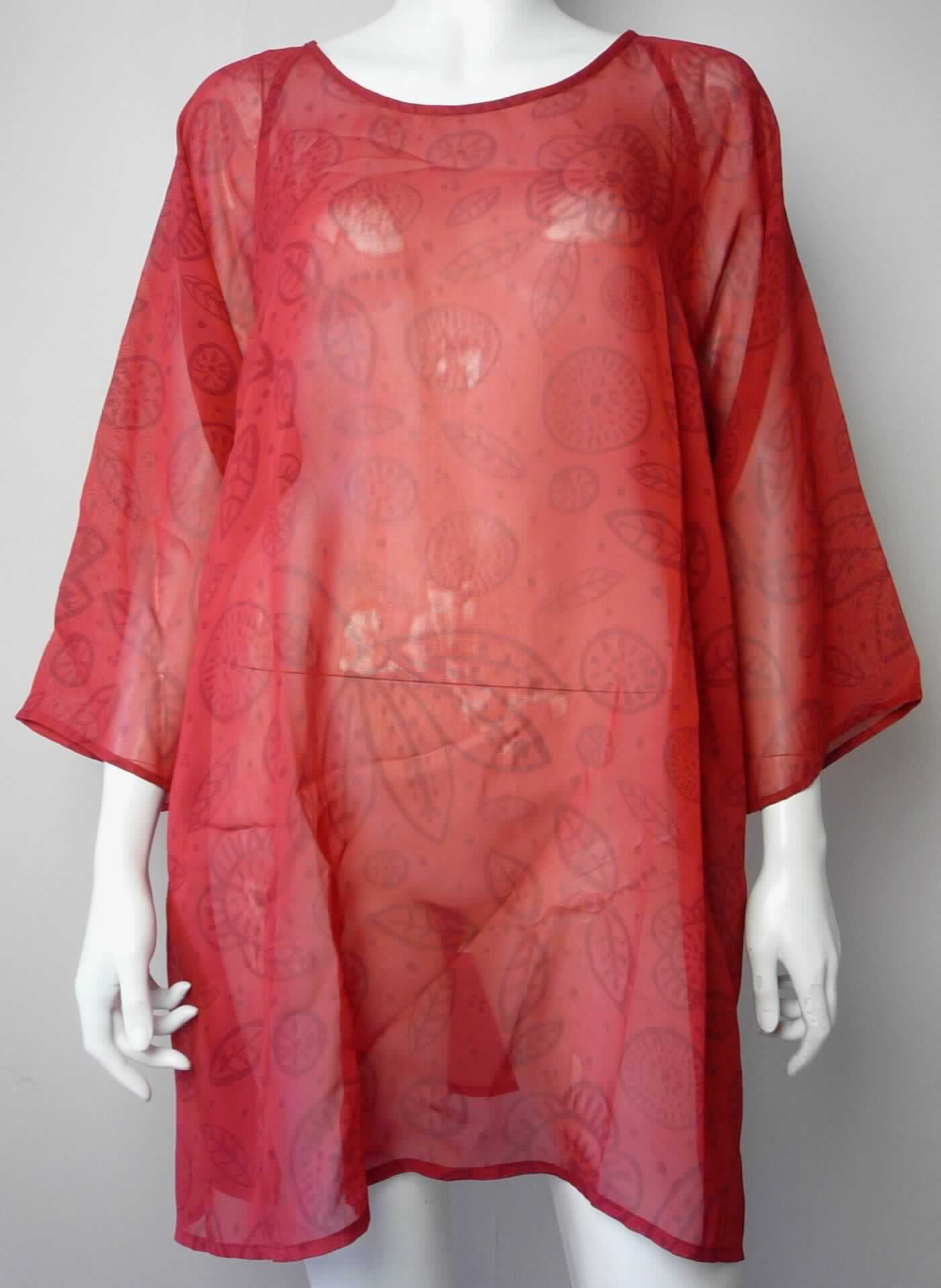 Kleid, sog. Tunika "Purpurea", Art. 50 66-603, Größe S/M, Foto siehe Anlage,
- aus ca. 0,3 mm dicken, durchscheinenden, buntbedruckten (nicht nach dem Batik-Verfahren handbedruckt) 
  Geweben aus lt. Antrag Viskose (künstliche Chemiefasern),
- über den Schritt reichend (Rückenlänge: ca. 82,5 cm), 
- mit einem runden Halsausschnitt,
- ohne Öffnung und ohne Verschluss,
- mit 3/4-langen Ärmeln,
- am unteren Rand durch Umschlagen und Festnähen gesäumt,
- kann aufgrund der Länge ohne ein weiteres, den Unterkörper bedeckendes Kleidungsstück getragen werden,

"Kleid, aus Geweben, für Frauen, aus künstlichen Chemiefasern, nicht nach dem Batik-Verfahren handbedruckt"