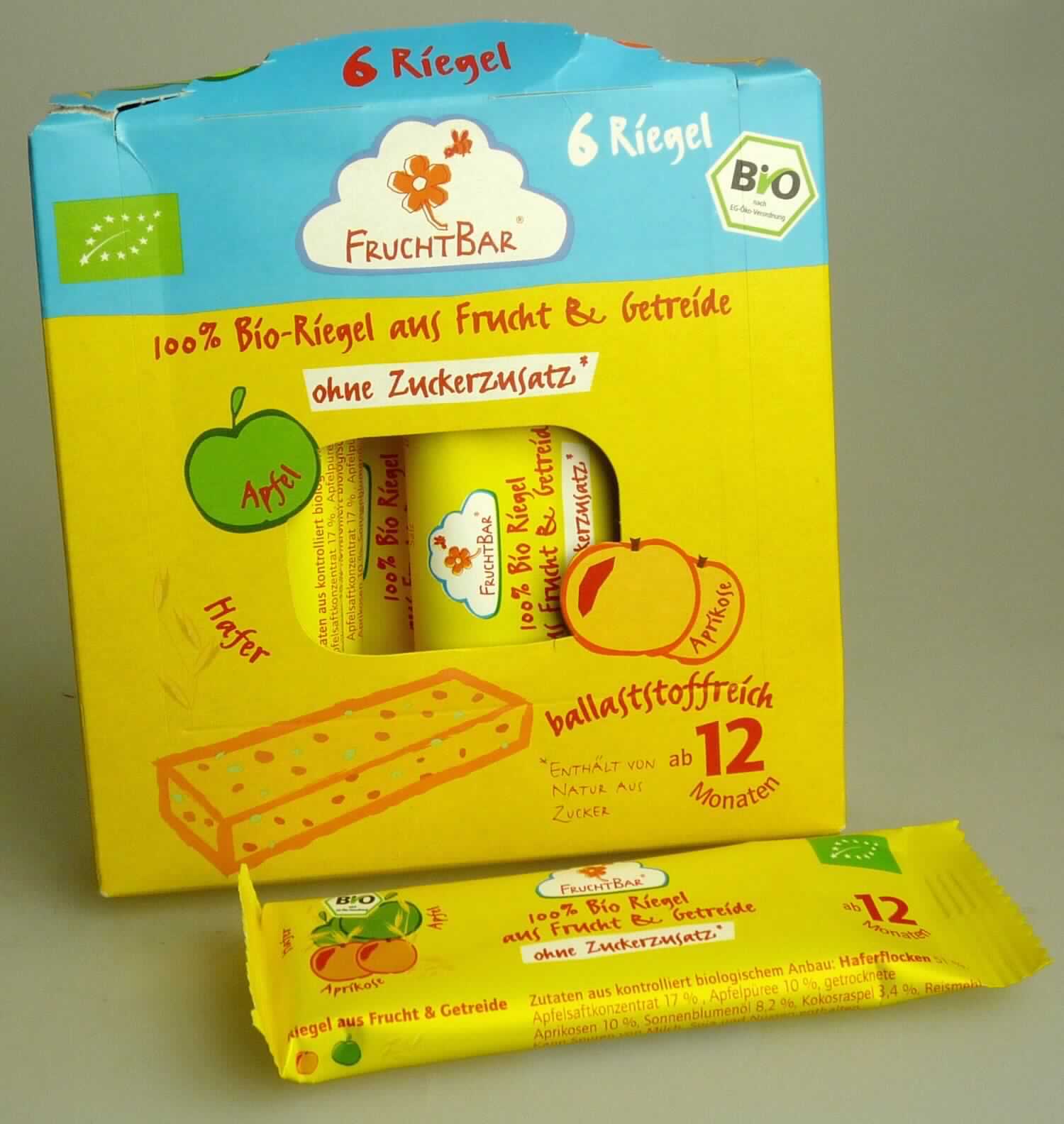 Getreideriegel

Antragsangaben:
RE03890 - Jufico Fruchtbar Apfel + Aprikose
(Bio-Riegel aus Frucht & Getreide)

Beschaffenheit des vorliegenden Warenmusters:
Bunt bedruckter Faltkarton; der Aufdruck enthält Angaben zum Erzeugnis (Riegel aus Frucht und Getreide; 
6 x 23 g) und zu den Zutaten (siehe Feld 8); darin 6 bunt bedruckte Schlauchfolienbeutel mit jeweils einem 
hellbraunen,  weichen, brüchigen Riegel (ca. 8,5 cm x 3 cm x 1 cm) aus einer Haferflocken und braune 
Fruchtstücke enthaltenden, gepressten Masse; Geschmack nach ungerösteten Haferflocken, fruchtig, 
leicht süß.

Kakao: nach der Zutatenliste nicht enthalten

Getreide (ausgenommen Mais) in Form von Flocken, anderweit weder genannt noch inbegriffen, Riegel 
aus ungerösteten Getreideflocken, kein Müsli, nicht auf der Grundlage von Mais und Reis.