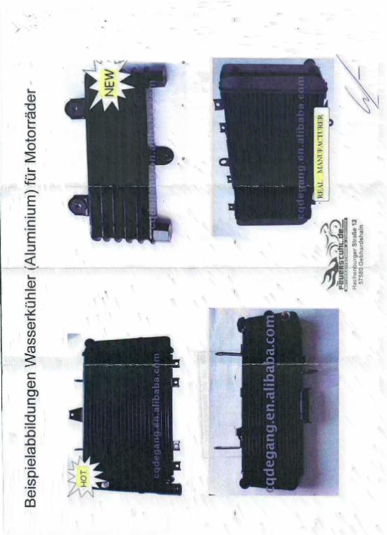 Wasserkühler für Motorräder, Foto siehe Anlage, 
- bestehend aus:
- - einem Kühlkörper aus Lamellen mit mehreren, übereinander angeordneten und 
  miteinander verbundenen Platten aus lt. Antrag Aluminium, 
- - Anschlüssen für den Kühlkreislauf,
- - Befestigungsmöglichkeiten und Bohrungen,
- zum Anbau an den Motor von Krafträdern der Position 8711,
- die Wärme der zirkulierenden Kühlflüssigkeit wird durch den Kühlkörper mithilfe des 
  Fahrtwindes oder eines Ventilators herabgesenkt und dient damit der Kühlung des Motors,
- kein Wärmetauscher der Position 8419.

"Teil für Kraftrad (Wasserkühler)"