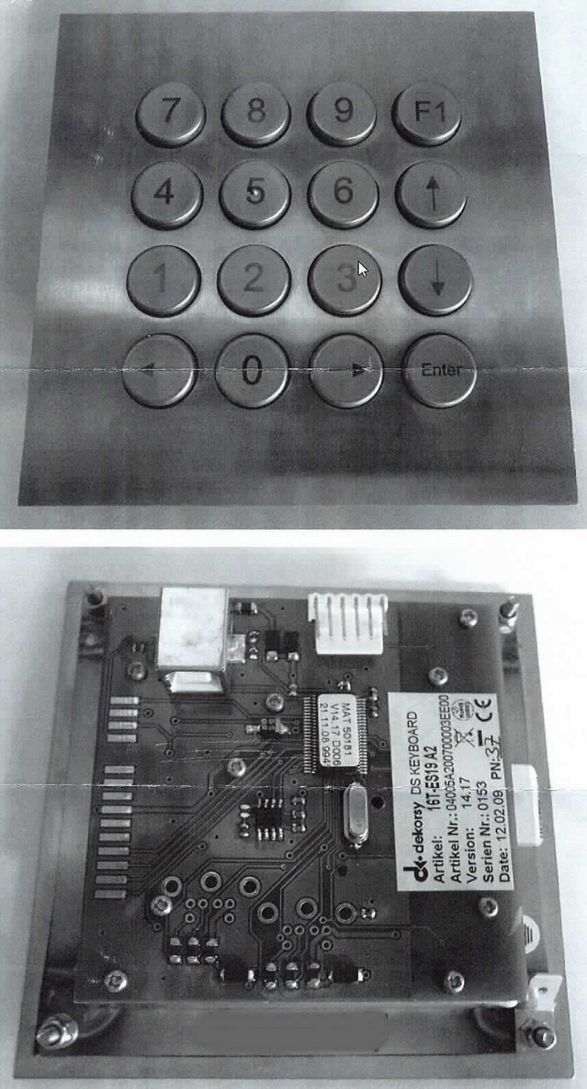 Tastatur, im Wesentlichen bestehend aus einer mit aktiven und passiven Bauelementen bestückten gedruckten Schaltung und Schaltmatte mit Carbon-Kontakten sowie einer 111 x 111 mm großen Frontplatte aus Edelstahl mit Funktions-, Cursorsteuer- und alphanumerischen Tasten.
Die Tastatur ist über eine USB-Schnittstelle unmittelbar an die Zentraleinheit einer automatischen Datenverarbeitungsmaschine anschließbar und in der Lage, Daten in einer von System verwendbaren Form zu liefern.

Die Ware wird als "Eingabeeinheit für automatische Datenverarbeitungsmaschinen, Tastatur" eingereiht.

Anlage: 1 Abbildung