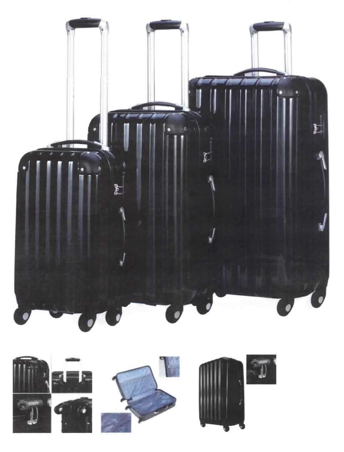 Reisekoffer, sog. Kofferset, Foto siehe Anlage,
- mit einer Außenseite aus formgepresstem Kunststoff in Form von zwei Halbschalen,
- in den Abmessungen:
- - Größe M (36 Liter), ca. 35 cm (Breite) x 50 cm (Höhe) x 22 cm (Tiefe),
- - Größe L (66 Liter), ca. 42 cm (Breite) x 60 cm (Höhe) x 25 cm (Tiefe),
- - Größe XL (89 Liter), ca. 48 cm (Breite) x 69 cm (Höhe) x 28 cm (Tiefe),
- mit einem ausziehbaren Griff zum Ziehen des Koffers auf vier Rollen,
- mit jeweils einem Tragegriff an einer langen und einer kurzen Schmalseite,
- an einer langen Schmalseite mit vier Standfüßen versehen,
- mit einem Zahlenschloss ausgestattet,
- mit einem an drei Seiten umlaufenden Reißverschluss zu öffnen,
- an einer Innenseite mit einem Kreuzpackgurt mit Schnappverschluss,
- an der anderen Innenseite mit einer Abdeckung, die mit einem an drei Seiten
  umlaufenden Reißverschluss zu öffnen ist; mit einem aufgesetzten Reißverschluss-
  fach aus netzartigen Gewirken.

"Reisekoffer, mit Außenseite aus formgepresstem Kunststoff"