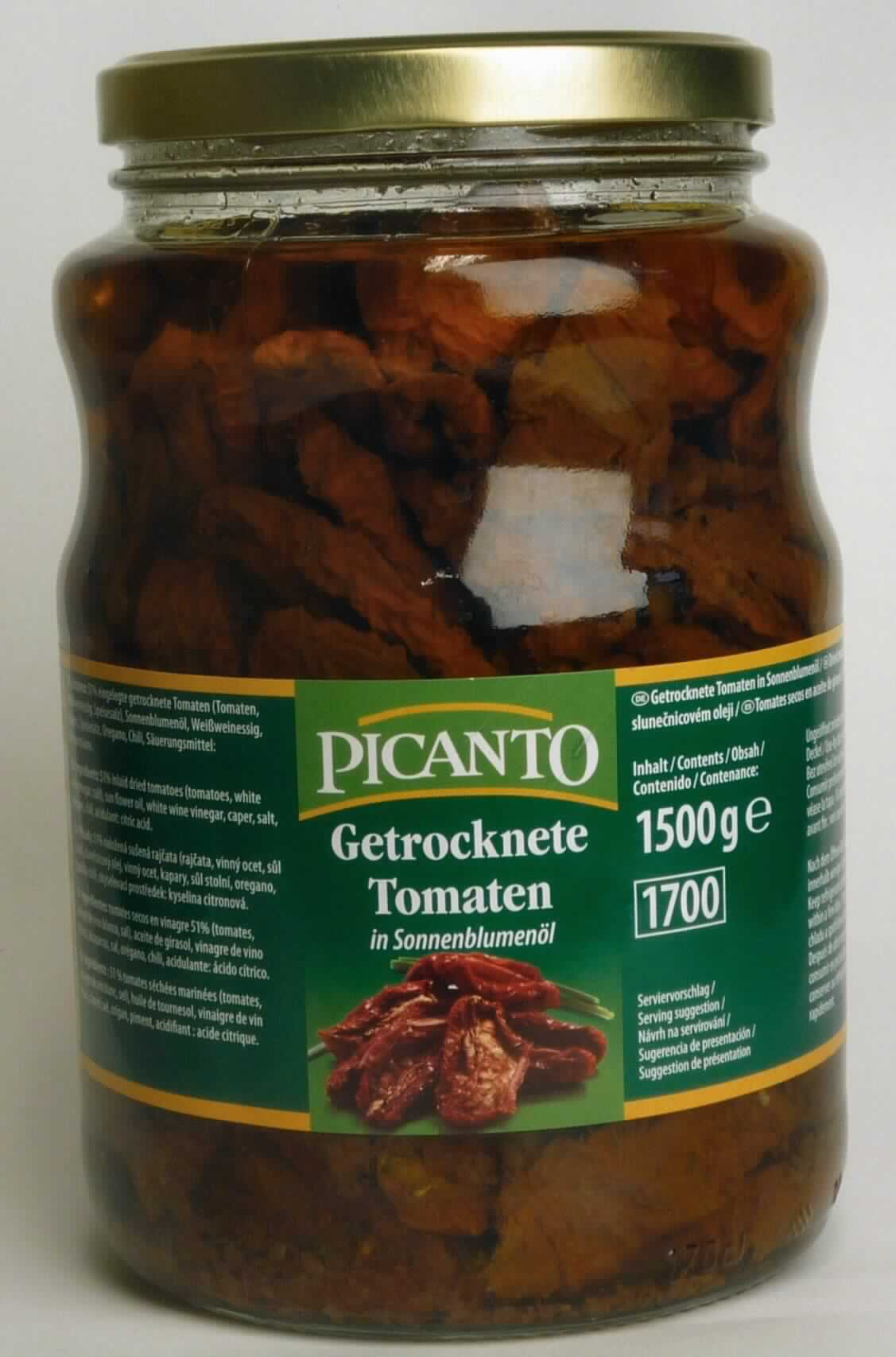 Getrocknete Tomaten in Öl.

Antragsangaben (als zutreffend unterstellt): Getrocknete Tomaten in Sonnenblumenöl, Art.-Nr. 7350. 

Beschaffenheit der vorgelegten Warenprobe: Original-Schraubglas mit einem Inhalt von 1500 g. Aufschrift, auszugsweise: PICANTO, Getrocknete Tomaten in Sonnenblumenöl. Zutaten: 51 % eingelegte getrocknete Tomaten (Tomaten, Weißweinessig, Speisesalz), Sonnenblumenöl, Weißweinessig, Kapern, Speisesalz, Oregano, Chili, Säuerungsmittel: Citronensäure." 
Inhalt: getrocknete, ungeschälte Tomatenhälften in Öl, würzig, nur leicht säuerlich schmeckend.

Gehalt an freier flüchter Säure, ber. als Essigsäure (gemäß Beschaffenheit): weniger als 0,5 GHT

Tomaten, anders als mit Essig oder Essigsäure zubereitet oder haltbar gemacht, ganz oder in Stücken, nicht geschält.
