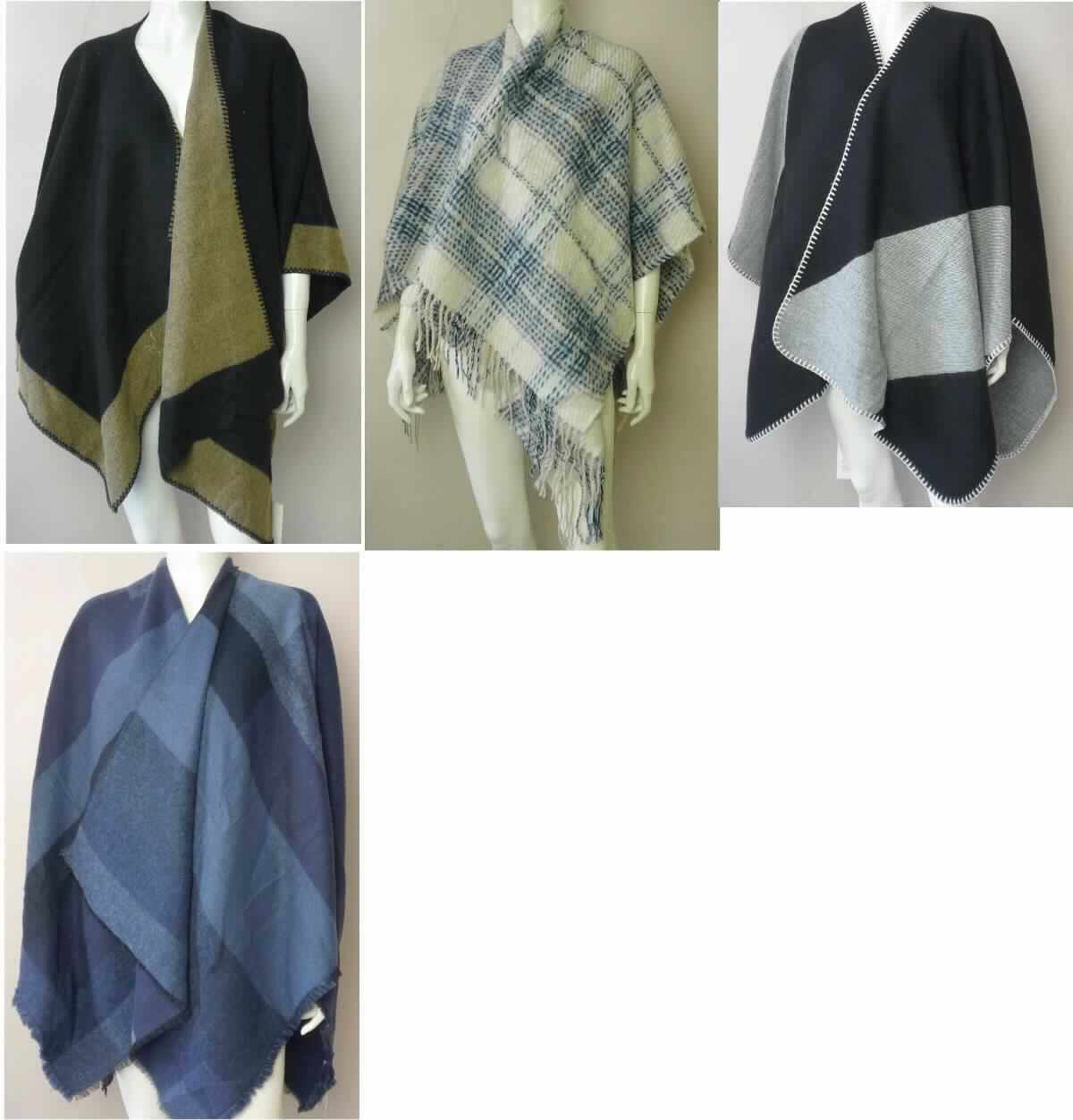 Umschlagtuchähnliche Ware, sog. Poncho, Foto siehe Anlage,
- annähernd rechteckig, mit den Abmessungen laut Antrag von:
-- Farbe black/camel: 137 cm x 145 cm,
-- Farbe black/white: 132 cm x 150 cm,
-- Farbe blue combo: 133 cm x 130 cm,
-- Farbe beige combo Karo (ohne Fransen): 110 cm x 128 cm,
- aus ca. 1,6 mm dicken (Farbe black/camel und black/white) bzw. 1,8 mm dicken (Farbe blue combo) bzw. 
  2 mm dicken (Farbe beige combo), buntgewebten, gerauten Geweben aus laut Antrag 100 % Polyacryl 
  (synthetische Chemiefasern), 
- in der Mitte einer Schmalseite mit einer bis etwa zur Mitte der Länge reichenden Aussparung, entlang der
  Aussparung mit Überwendlichnähten gesäumt (u. a. damit konfektioniert),
- vorn und seitlich offen; die Schultern, Teile der Arme und den Oberkörper bedeckend (somit kein umhang-
  ähnliches Kleidungsstück der Position 6202), 
- ohne Verschluss, 
- ohne Hinweise auf Handarbeit.

"Umschlagtuchähnliche Ware, aus Geweben, aus synthetischen Chemiefasern, nicht handgearbeitet"