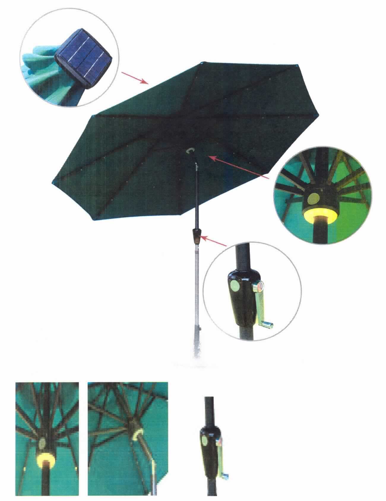 Sonnenschirm, sog. Solar-Sonnenschirm, Foto siehe Anlage,
- ein Warenmuster wurde nicht vorgelegt; die Einreihung erfolgt anhand der Antragsangaben,
- zusammengesetzte Ware aus einem Sonnenschirm, einem elektrischen Beleuchtungskörper
  und einem Bluetooth-Lautsprecher, 
- Sonnenschirm (Gartenschirm):
- - in den Abmessungen: 275 cm (Durchmesser) x 233 cm (Höhe); höhenverstellbar,
- - mit einem Gestell und Verstrebungen aus unedlem Metall (Stahl und Aluminium),
- - mit einem Bezug aus Geweben aus Spinnstoffen (Polyester),
- - mit Kippfunktion, 
- - dazu hergerichtet, an einem Tisch, Standfuß oder Schirmständer befestigt zu werden,
- elektrischer Beleuchtungskörper:
- - in das Gestell des Sonnenschirms integriert,
- - mit LEDs als Leuchtmittel,
- - - jeweils drei LEDs pro Strebe und eine sog. Ringbeleuchtung aus LEDs am Schirmständer,
- - - mit einem an der Schirmspitze befestigten Solarmodul durch Kabel miteinander verbunden,
- - mit einem Ein-/Ausschalter,
- Bluetooth-Lautsprecher:
- -  mit dem Solarmodul verbunden,
- im Hinblick auf die Verwendung bestimmt der Sonnenschirm den Charakter der zusammengesetzten Ware.

"Sonnenschirm (Gartenschirm)"