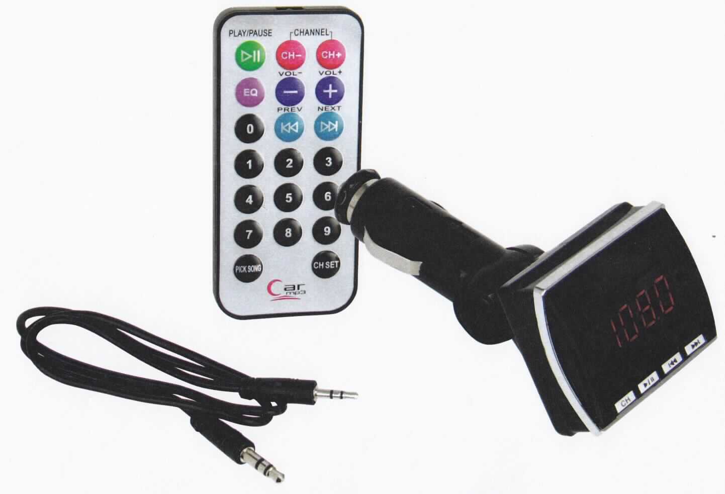 FM-Transmitter mit eingebautem Tonwiedergabegerät
- aus einem Rundfunksendemodul, Audiosignalelektronik mit MPEG-Decoder und D/A-
  Wandler in einem Gehäuse mit Anschlussstecker für die Zigarettenanzünder-Buchse eines Kfz, LED-
  Anzeige, Bedienelementen, Audioanschlussbuchse, USB-Schnittstelle und SD-Kartenschacht sowie 
  einer Fernbedienung, 
- zum drahtlosen Senden von Audiosignalen von verschiedenen Geräten (Audioplayer, Mobiltelefon
  usw., nicht Gegenstand der  Auskunft) auf einer einstellbaren UKW-Rundfunkfrequenz (87,5 bis 108 
  MHz) an ein Rundfunkempfangsgerät (z.B. Autoradio) und zur Wiedergabe von Audiodateien von 
  USB-Speichermedien und SD-Speicherkarten,
- zusammen mit Beipack (Kabel, Bedienungsanleitung) in einer gemeinsamen 
  Verkaufsverpackung.
Der FM-Transmitter mit eingebautem Tonwiedergabegerät bestimmt den Charakter des 
Ganzen.

"Sendegerät für den Rundfunk mit eingebautem Tonwiedergabegerät - FM-Transmitter, in 
 funktioneller Einheit mit Fernbedienung, in Warenzusammenstellung mit nicht 
 charakterbestimmendem Beipack"