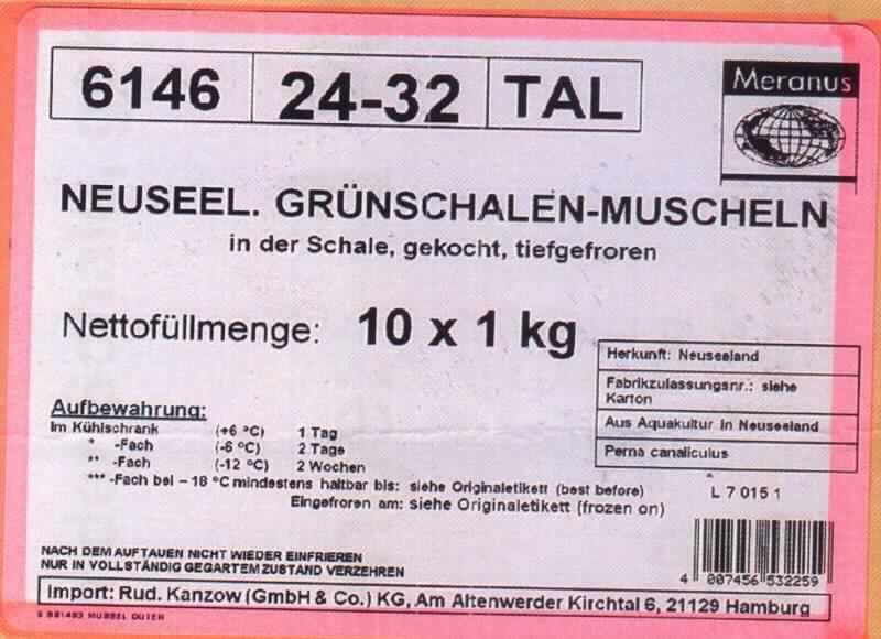 Nach den Antragsangaben und den ergänzenden Angaben handelt es sich um gekochte, gefrorene Grünschalen-Muscheln der Art Perna canaliculus in der Schale.

Die Muscheln sind in vakuumgezogenen Beuteln mit einem Gewicht von 1 kg verpackt.

Zolltarifrechtlich handelt es sich um zubereitete Weichtiere, hier Miesmuscheln der Gattung Perna, in luftdicht verschlossenen Behältnissen.