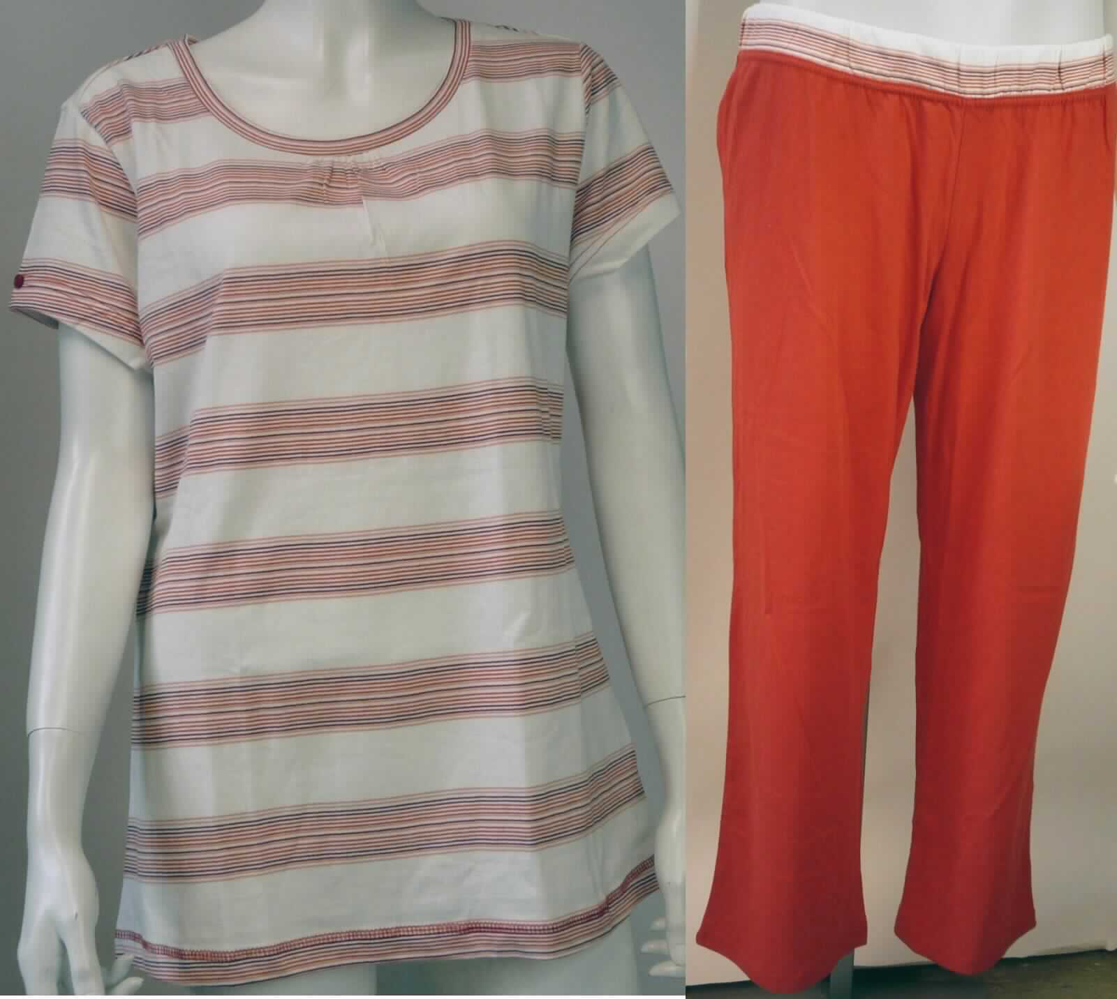 T-Shirt und lange Hose, sog. Damen Pyjama 2er Set, Größe 40/42, Foto siehe Anlage,
- in einem Polybeutel gemeinsam für den Einzelverkauf aufgemacht,
- insbesondere nach Material und Schnitt nicht erkennbar dazu bestimmt, als Nachtkleidung getragen zu werden 
  (somit kein Schlafanzug),
- keine Kombination, u. a. weil ein Kleidungsstück der Position 6109 (T-Shirt) nicht als Bestandteil einer 
  Kombination zugelassen ist, 
- T-Shirt:
-- aus ca. 0,7 mm dicken (leichten), buntgewirkten Gewirken aus lt. Antrag 100 % Baumwolle,
-- über die Taille reichend (Rückenlänge: ca. 67 cm),
-- mit einem leicht halsfernen, runden Ausschnitt,
-- ohne Öffnung und ohne Verschluss,
-- mit kurzen, eng anliegenden Ärmeln, am Ärmelrand jeweils mit einem Knopf verziert,
-- am unteren Rand durch Umschlagen und Festnähen gesäumt.

"T-Shirt, aus Gewirken, aus Baumwolle"
