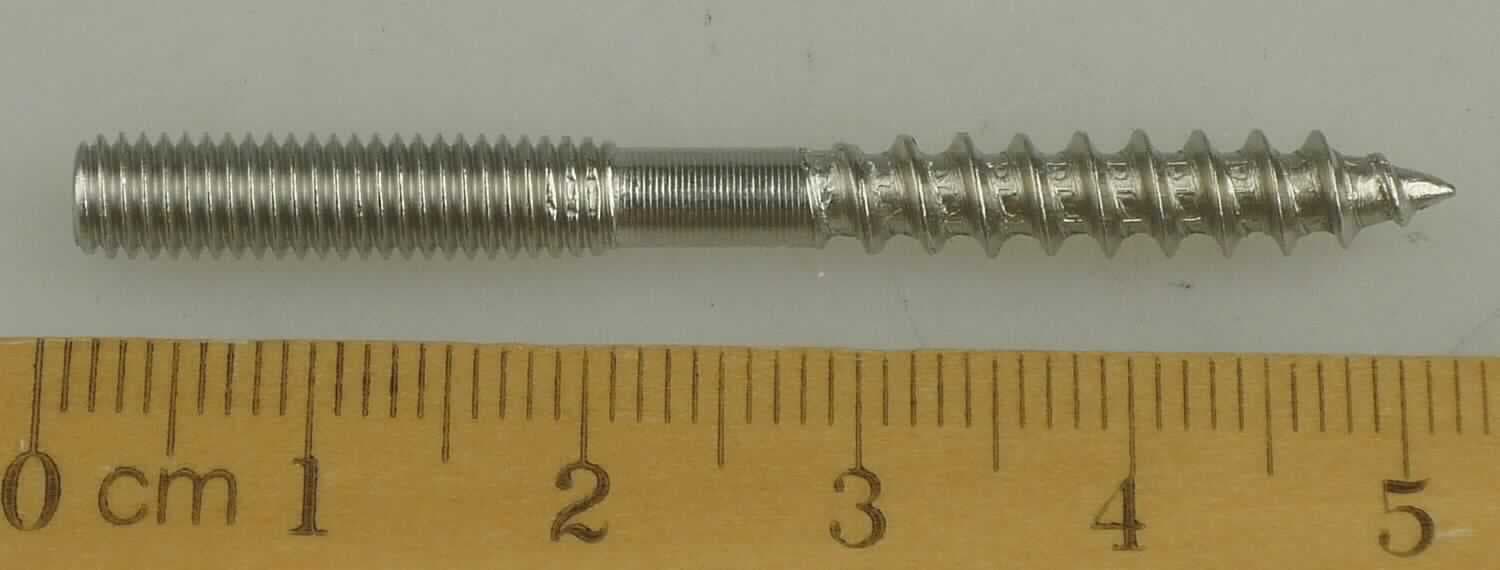 Es handelt sich um aus nicht rostendem Stahl gefertigte Erzeugnisse ohne Kopf, mit einem metrischen Gewinde mit stumpfem Gewindeende (M5) über eine Länge von 20 mm an einem Ende und einem zu einer Spitze ausgearbeitetem Holzgewinde über eine Länge von 30 mm am anderen Ende.
Gesamtlänge: etwa 50 mm.
- Antragstellerangaben -

Abbildung siehe Anlage.

Derartige Erzeugnisse gehören als "andere Bolzen aus nicht rostendem Stahl, mit Gewinde, ohne Kopf" zur Codenummer 7318 1510 99 0 des Zolltarifs.