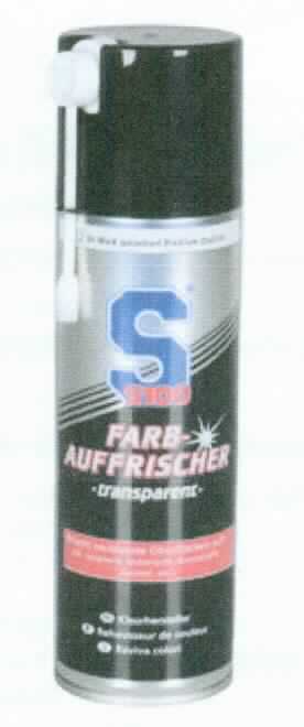 Angaben: 
Farbauffrischer, transparent; geeignet für alle Oberflächen wie Lack, Kunststoffe, Gummi, Motorteile, Metallteile von Motorrädern; dient zur optischen Aufwertung von ausgebleichten/vergrauten Motorradteilen, schützt und verleiht Farbtiefe und Glanz; Anwendung: Oberfläche gleichmäßig besprühen, abtrocknen lassen und ggf. anschließend mit einem Tuch nachwischen.

Warenbeschaffenheit:
IR-Spektroskopie (Trockenstoff): Silikone enthaltend
Farblose, trübe, keinen harten, nicht klebenden Film bildende Flüssigkeit, verpackt in 300ml-Sprayflasche.

Befund: 
Poliermittel für Karosserien und ähnliche Autopflegemittel.