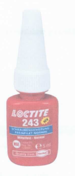 Angaben: 
Schraubensicherung; sichert Schrauben, Muttern, Stehbolzen gegen ungewolltes Losdrehen/Losvibrieren und dichtet gleichzeitig die Gewinde ab; einkomponentige, aushärtende Dichtmasse auf Acrylat-Basis.

Warenbeschaffenheit:
Blaue, aushärtende Flüssigkeit, verpackt in 5ml-Flasche.

Befund: 
Nach Beschaffenheit und Verwendungszweck kennzeichnet sich die Ware als anderer Kitt (Kunststoffkitt).