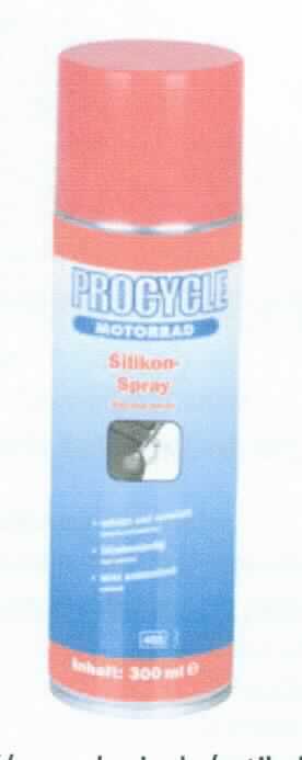 Angaben:
Procycle Silikonspray. 300 ml Spraydose. Pflegt, schützt, schmiert und isoliert ohne zu fetten, ideal für Gummi und bewegliche Kunststoffteile.

Befund:
Zubereitetes Schmiermittel, Erdöl oder Öl aus bituminösen Mineralien von weniger als 70 GHT enthaltend