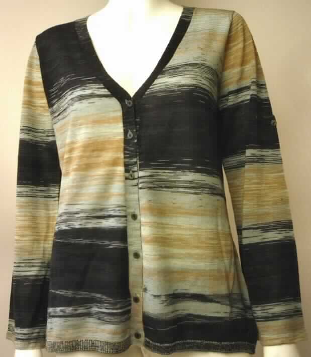 Hemdbluse, sog. Cardigan für Frauen, W04004 Greta Cardigan, Größe S, Foto siehe Anlage,
- aus ca. 0,8 mm dicken, buntgewirkten Gewirken (melierte Garne) aus laut Antrag 100 % Merinowolle; in 
  Längsrichtung mit durchschnittlich mehr als 10 Maschen je linearen Zentimeter,
- über die Taille reichend (Rückenlänge: ca. 63 cm),
- mit einem V-förmigen, halsfernen Halsausschnitt,
- vorn mit einer durchgehenden Öffnung mit Knopfverschluss von rechts über links (Frauenkleidung),
- mit langen Ärmeln,
- den Hemden für Männer entsprechend zugeschnitten,
- am unteren Rand mit einem abgepasst, gerippt gewirkten Abschluss,
- erfüllt nach Schnitt, Ausstattung sowie Art und Maschenzahl des Gewirkes, die Anforderungen zur Einreihung als 
  Hemdbluse, somit keine Strickjacke der Position 6110.

"Hemdbluse, aus Gewirken, für Frauen, aus Wolle"