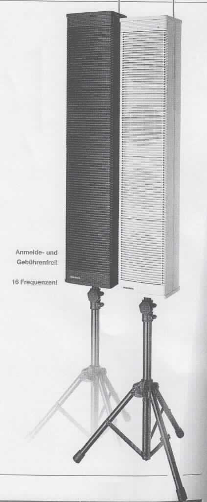 UHF-Lautsprecher, Modellbezeichnung:  Sound Ranger SR-120 U1
- aus vier Lautsprechern, Tonfrequenzverstärker, UHF-Empfänger für Mikrofon und Akku-
  mulator in einem Gehäuse (Abmessungen: 180 x 940 x 145 mm) mit Bedienelementen und 
  Anschlussbuchsen (Abbildung siehe Anlage),
- zur Umwandlung von den durch ein UHF-Mikrofon oder von anderen externen Geräten eingehenden 
  Tonfrequenzsignalen in Schallwellen - kennzeichnende Haupttätigkeit - und zur Tonfrequenzverstärkung.

"Lautsprecher (Kombination aus Mehrfachlautsprecher - kennzeichnende Haupttätigkeit - und 
 Tonfrequenzverstärker)"