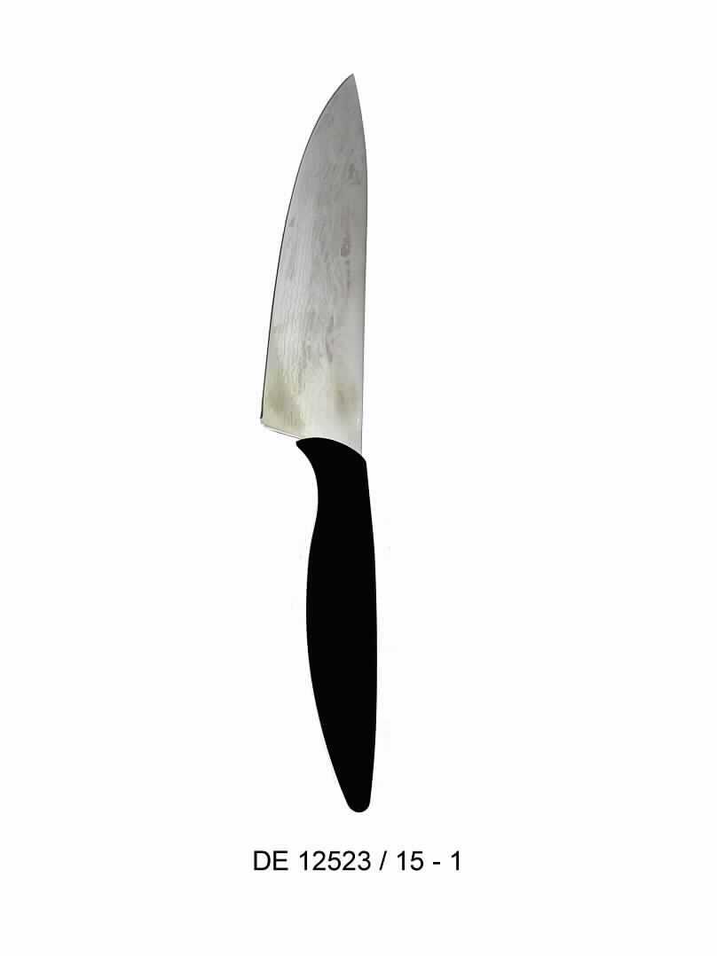 "Chefmesser";

- Messer mit schneidender, feststehender Klinge aus Stahl (3cr14) mit
  geradem Klingenschliff, in Damaszener-Opik gehalten

-  mit Kunststoffgriff (PP + TPR)

- mit einer Klingenlänge von 20 cm und einer Gesamtlänge von 32 cm

- zur Verwendung in der Küche zum Zubereiten von Speisen

- in einem Vollblister (PET) mit Farbeinleger verpackt

(Angaben lt. Antragsteller)

Abbildung siehe Anlage.

Derartige Erzeugnisse gehören als "andere Messer mit schneidender, feststehender Klinge aus unedlem Metall, kein Messer der Position 8208" zum TARIC-Code 8211 9200 00.