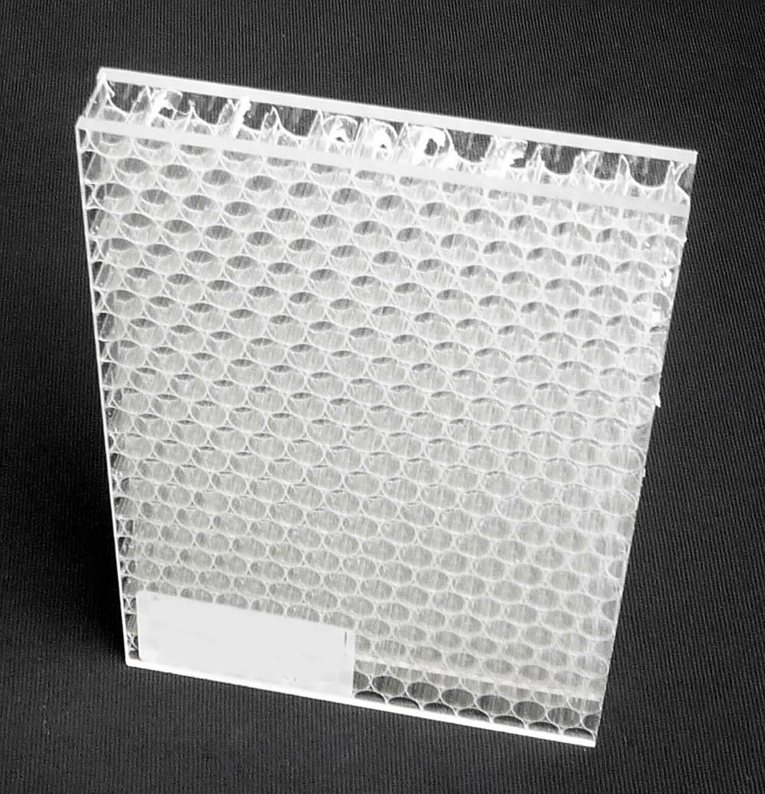 Angaben des Antragstellers:
Platten aus Polymethylmethacrylat mit einem Wabenkern aus Polycarbonat.
Die Platten sind in verschiedenen Farben, Formen, Dicken und Größen erhältlich. Die Platten sind lediglich rechteckig oder quadratisch geschnitten.

Untersuchungsergebnisse an einem Warenmuster:
Abschnitt einer transparenten sandwichartigen Platte mit wabenförmiger Zwischenlage. Die äußeren Lagen aus PMMA bestimmen den Charakter der Ware.

Befund:
Es liegt eine nicht mit anderen Stoffen verbundene Platte aus charakterverleihend Polymethylmethacrylat im Sinne der Unterposition 3920 5100 vor.