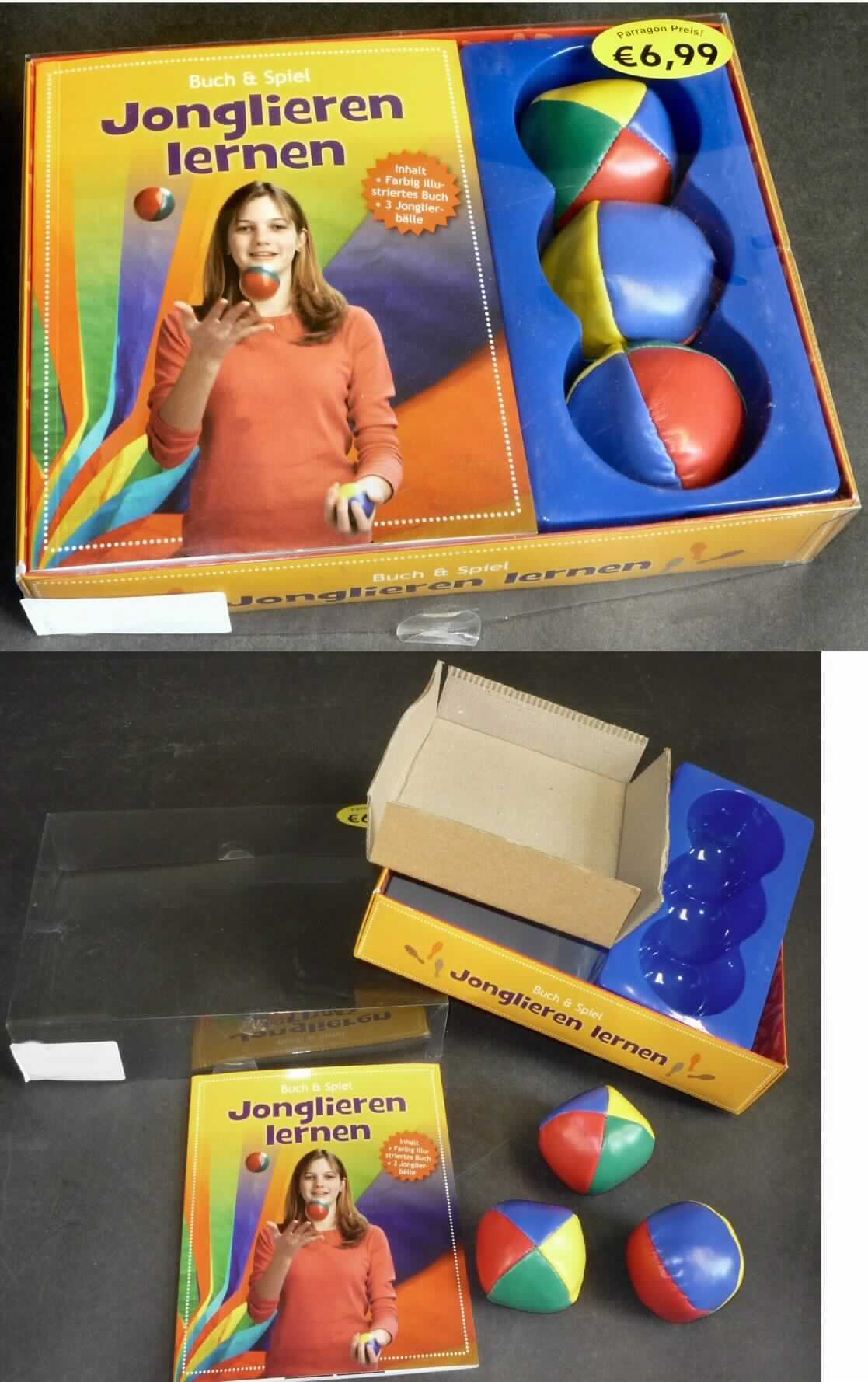 Es handelt sich um eine Warenzusammenstellung, die in einem bunt bedruckten Pappkarton mit transparenten Kunststoffdeckel für den Einzelverkauf aufgemacht ist, bestehend aus
- aus drei Jonglierbällen
-- mit einem Durchmesser von etwa 5 cm,
-- aus vier farbigen, mit Kunststoff beschichteten, zusammengenähten Gewirkeabschnitten,
-- im Inneren mit einer klarsichtige Kunststofftüte, befüllt mit einem Granulat, versehen,
- aus einem 64-seitigen Buch mit der Aufschrift "Jonglieren lernen".

Die Bälle dienen auf Grund ihrer Beschaffenheit (Größe, Füllung, Material) im Wesentlichen dem Jonglieren. Eine anderweitige Verwendung, z.B. zum Spielen, ist für die Einreihung der Ware von untergeordneter Bedeutung.

Im Hinblick auf den Wert und die Bedeutung für die Verwendung bestimmen die Jonglierbälle den Charakter der Warenzusammenstellung. 

Derartige Erzeugnisse werden zolltariflich als "Ausrüstungsgegenstand für die allgemeine körperliche Ertüchtigung bzw. für Freiluftspiele, Ball, nicht von den Unterpositionen (KN) 9506 1110 bis 9506 6910 erfasst" eingereiht.